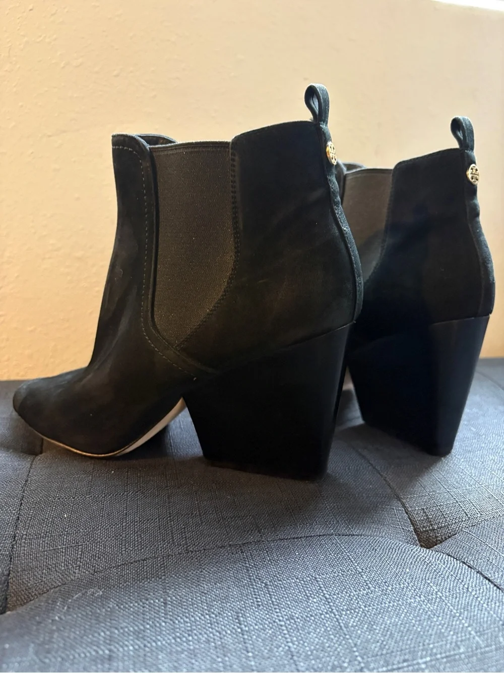 Tory Burch Black Suede Peep-Toe Block Heel Booties